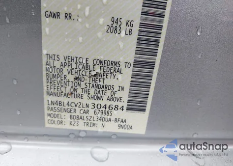 2020 Nissan Altima Sr Fwd из США, поврежденный, VIN 1N4BL4CV2LN304684